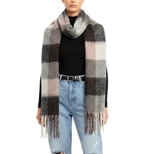 Minimalist grey pink check fuzzy oversized fringed long blanket scarf